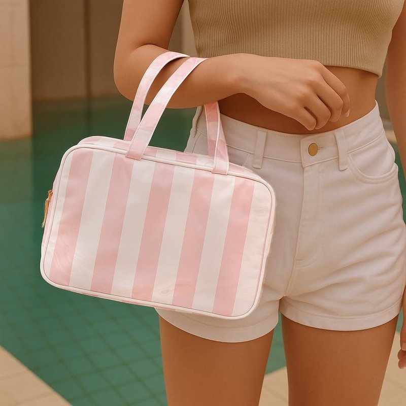 Travel Toiletry Bag for Women, Waterproof Clear Coated Portable Stripe Makeup Cosmetic Bag with Compartment, Travel Organizer for Shampoo, Conditioner, Brushes Set,Cosmetic Accessories(White-Pink)