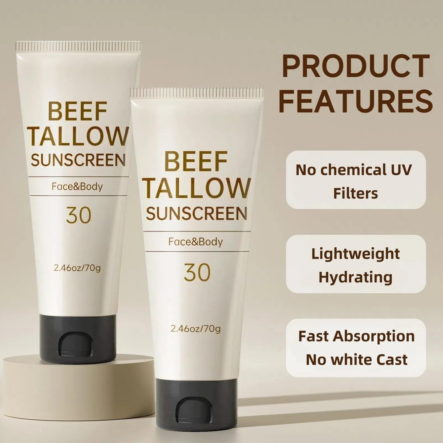 Tallow Sunscreen, Sunscreen for Face, SPF30 Natural Reef Safe Face Body Beef Tallow Sunblock, Non Greasy Clean Travel Sun Screen Sunblock for Outdoor Travel, 7.38 OZ,3 Pack