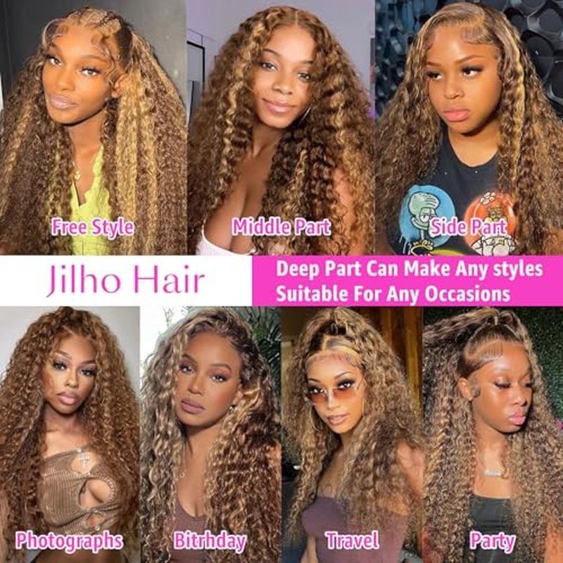 Water Wave Lace Front Wigs Human Hair 13x6 Ombre Honey Blonde Frontal Wig 200 Density P4/27 Highlight Curly Wig Glueless Wet and Wavy Lace Front Wigs Pre Plucked with Baby Hair (24 Inch)