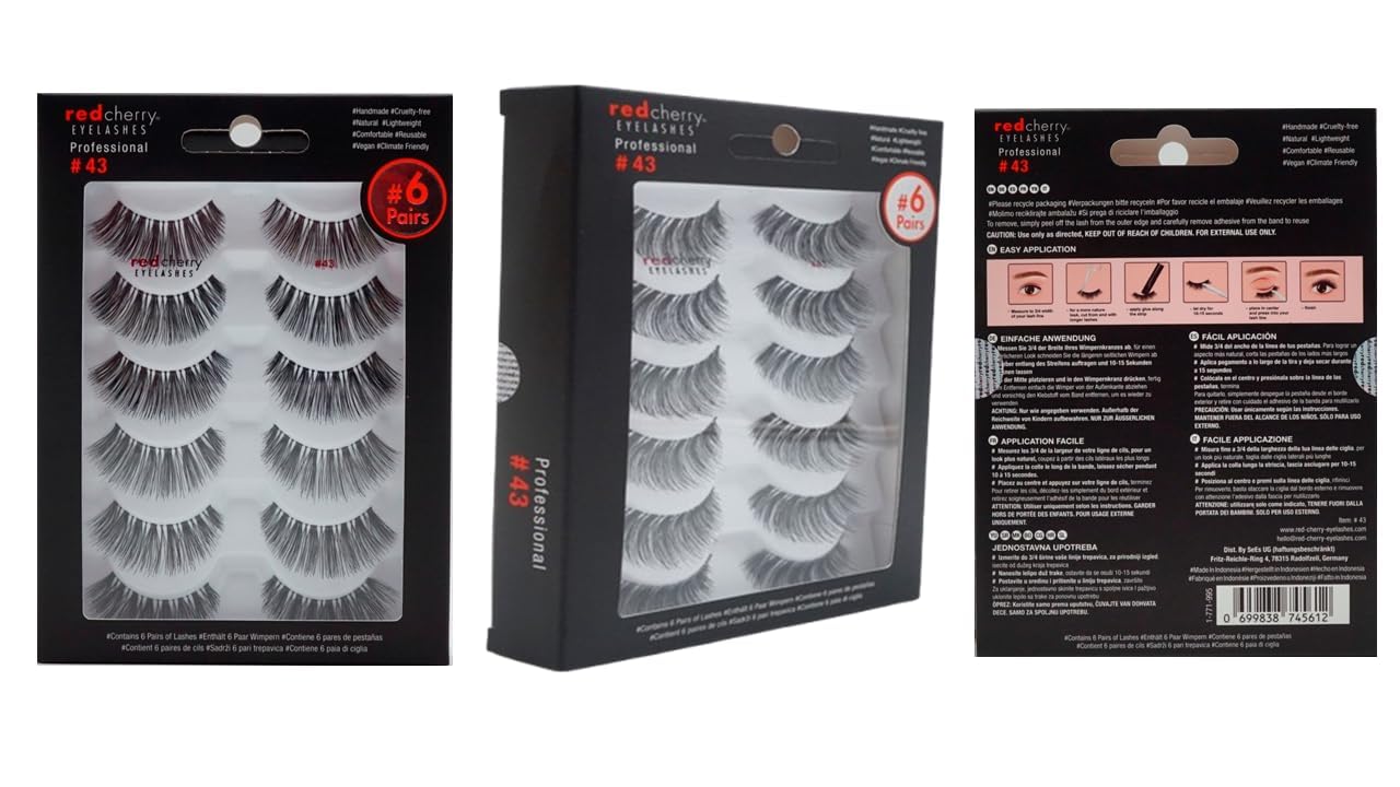 False Eyelashes #43 - Red Cherry Professional Quality | 6 Pairs for Stunning Volume