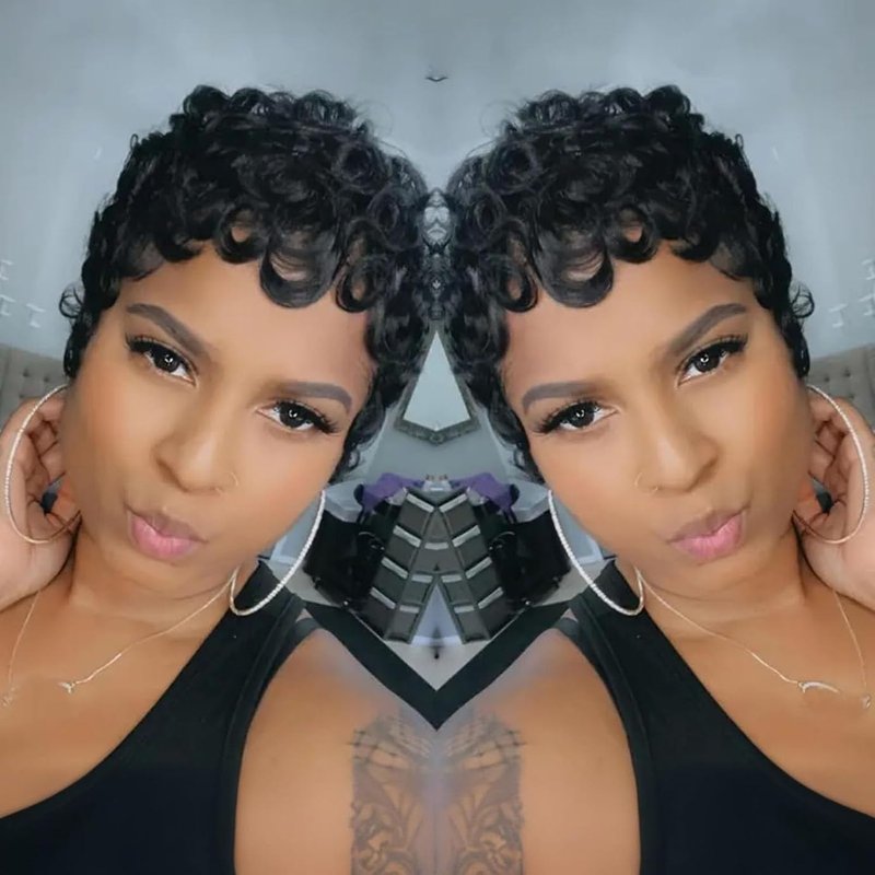 VRZ Pixie Cut Wigs for Black Women Brazilian Curly Pixie Cut Wig Human Hair Glueless Short Layered Wigs With Bangs Natural Black Color No Glue Human Hair Wig for Daily Use