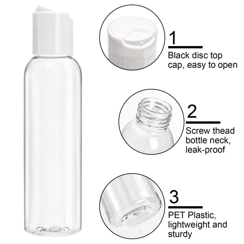 Bekith 30 Pack 4oz Travel Bottles for Toiletries, Empty Small Plastic Squeeze Bottles with Disc Top Flip Cap, Clear Refillable Travel Size Containers For Shampoo, Lotions, Liquid Body Soap, Creams