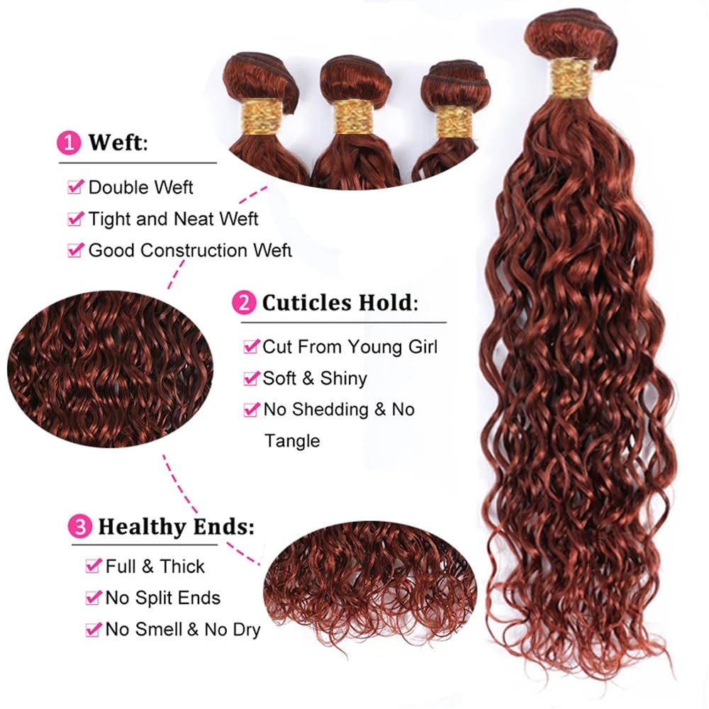Human Hair Water Wave Bundles - Brazilian Virgin Remy, 16-Inch, Reddish Brown | 3-Pack