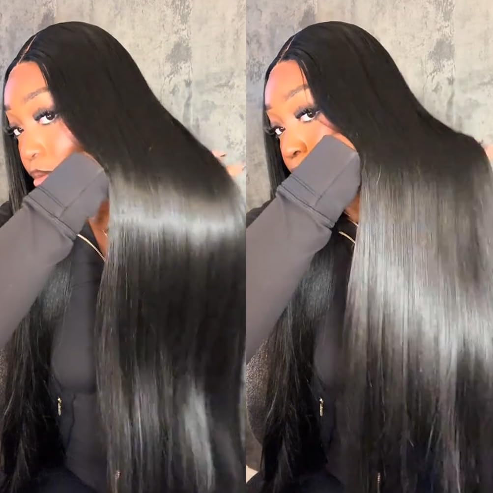 Style Icon 38" Super Long Straight Wigs Lace Front Wigs 6" Deeper Middle Part Wig Black Synthetic Wig (38", 1B)