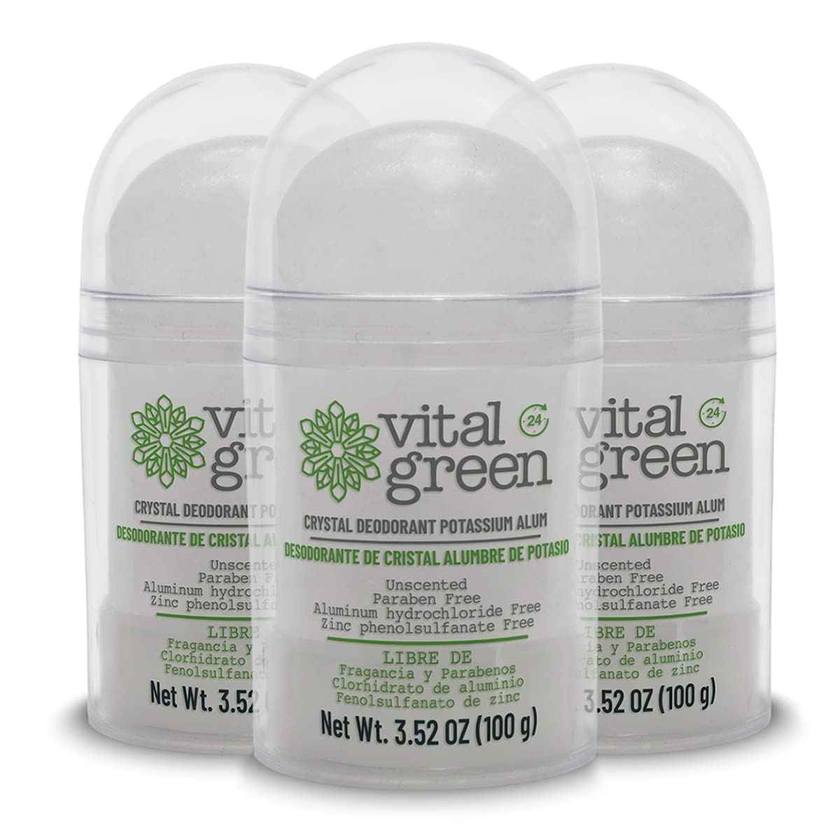Vital Green Crystal Potassium Alum Deodorant – Unscented Mineral Deodorant For Men, Women And Athletes -3.53oz / 100 g (3 Units)