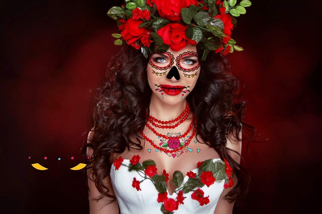 Temporary Face Tattoo, 8 Kits Tattoos Sugar Skull Stickers Day of The Dead Makeup, Face Tattoo Rose Design for Halloween, Masquerade and Parties
