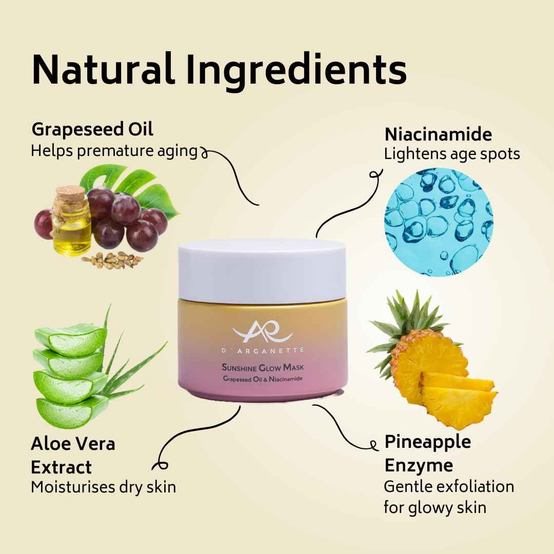 D'Arganette Sunshine Glow Face Mask with Grapeseed Oil & Niacinamide, Facial Scrub & Gentle Face Exfoliator to Cleanse Pores, Smooths, Hydrates and Brightens Skin- - 3.4 oz- Made In USA