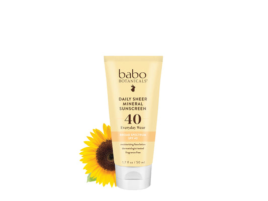 Babo Botanicals Daily Sheer Mineral for Face Sunscreen Lotion SPF40 - Natural Origin Zinc Oxide & Titanium Dioxide - 70% Organic Ingredients - Raspberry Oil & Aloe Vera - Fragrance Free - For all ages
