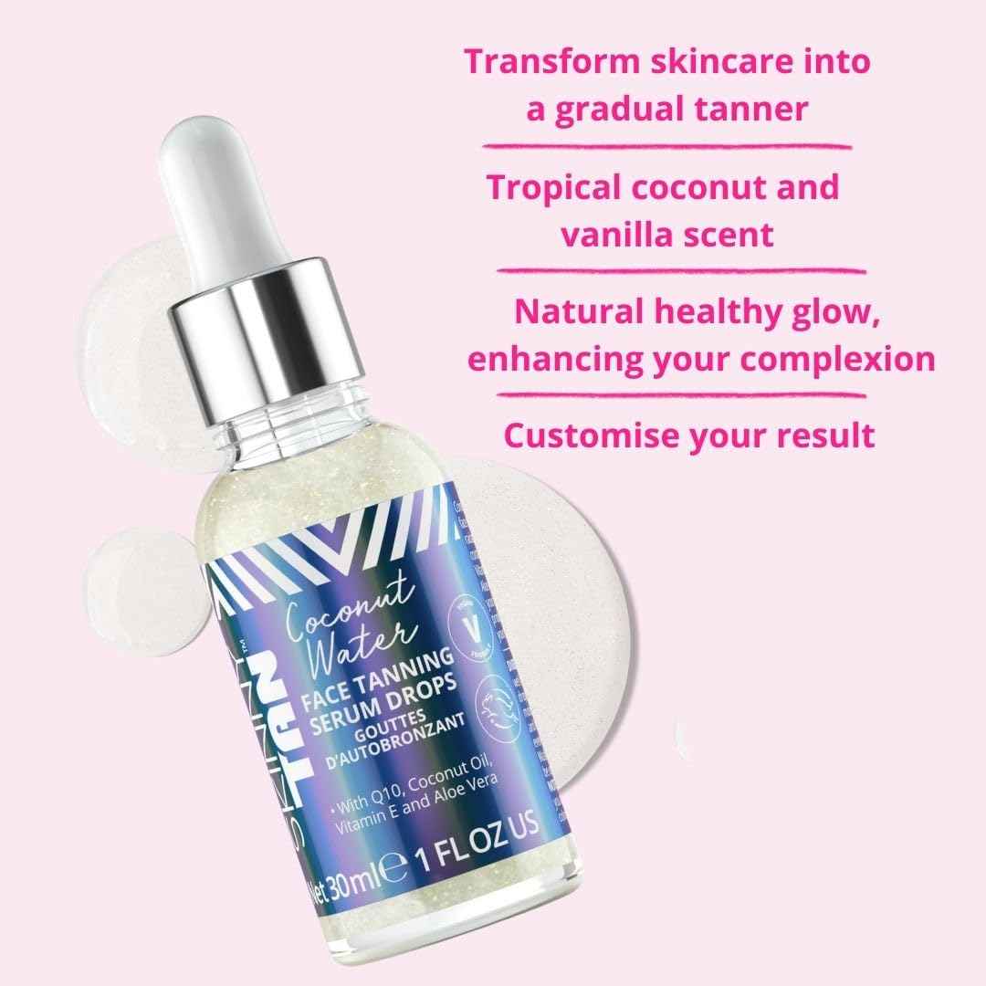 Skinny Tan Water Coconut Face Tanning Serum Drops - Enrich with Vitamin E and Aloe Vera - Helps Even Skin Tone - Enhance Your Complexion - Leaves Long-Lasting, Tropical Sun-Kissed Radiance - 1 oz
