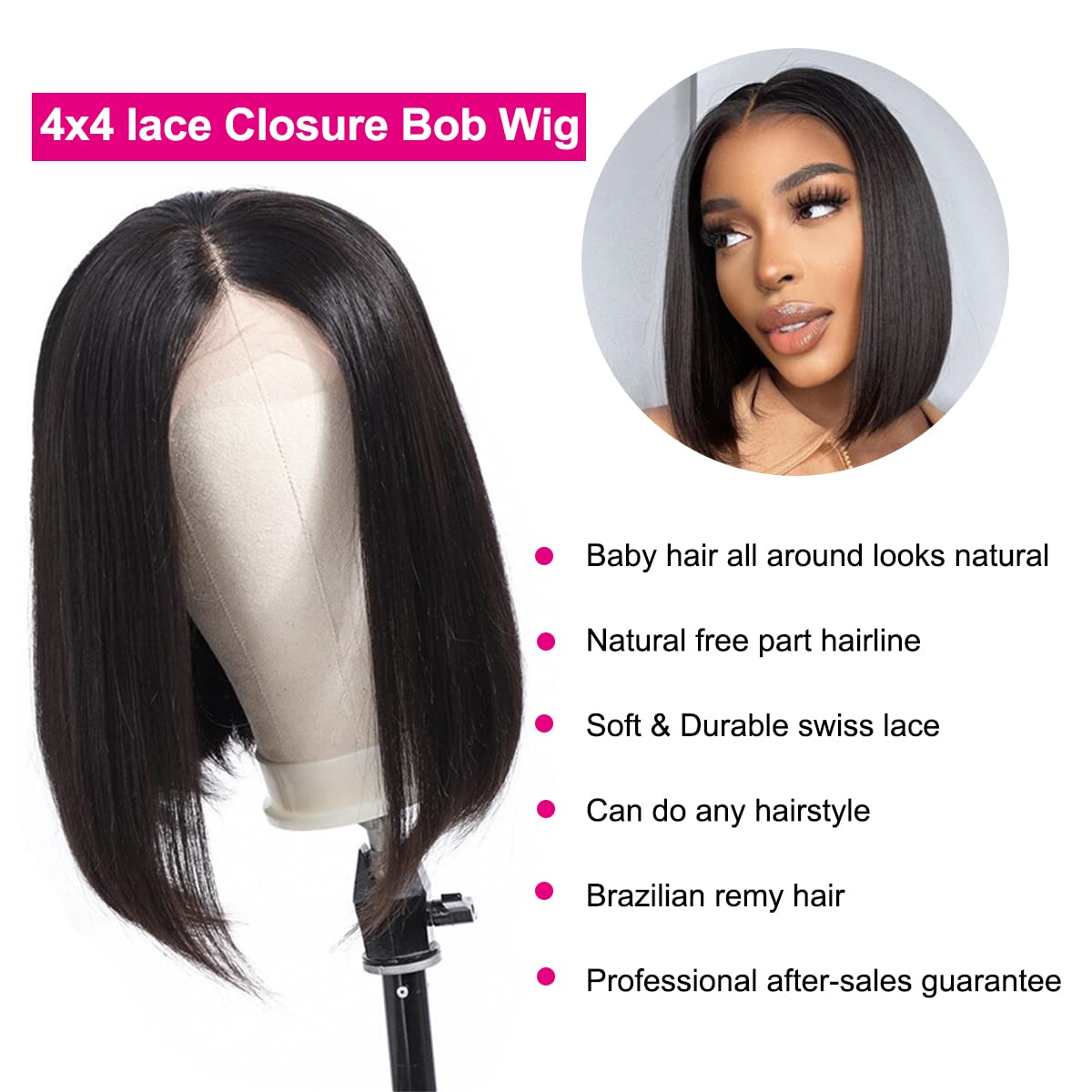LICHANG 11 Inch 4x4 Lace Closure Bob Wigs Human Hair Wear And Go Straight Glueless Pre Plucked with Baby Hair for Black Women 180% Density