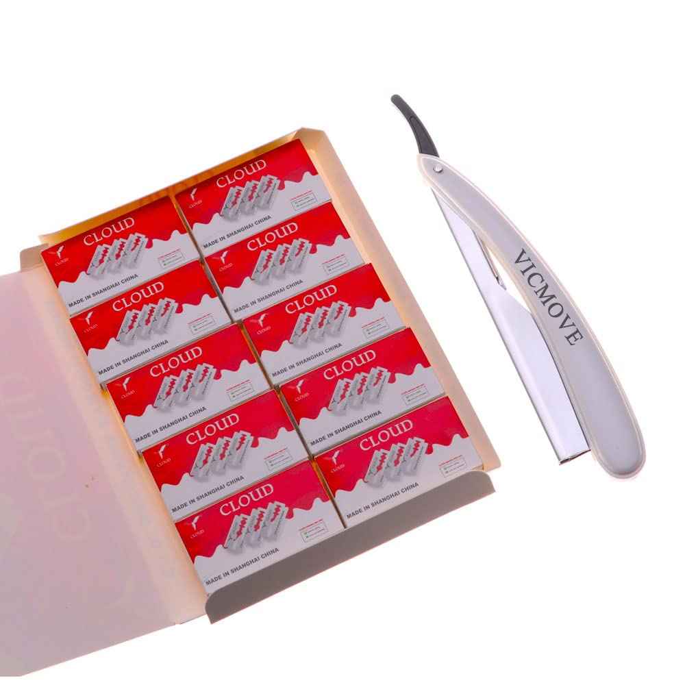 Professional Barber Straight Edge Razor Safety with 200-Pack Derby Blades - 100 Percent Stainless Steel - by VICMOVE (1 razor + 200 blades)