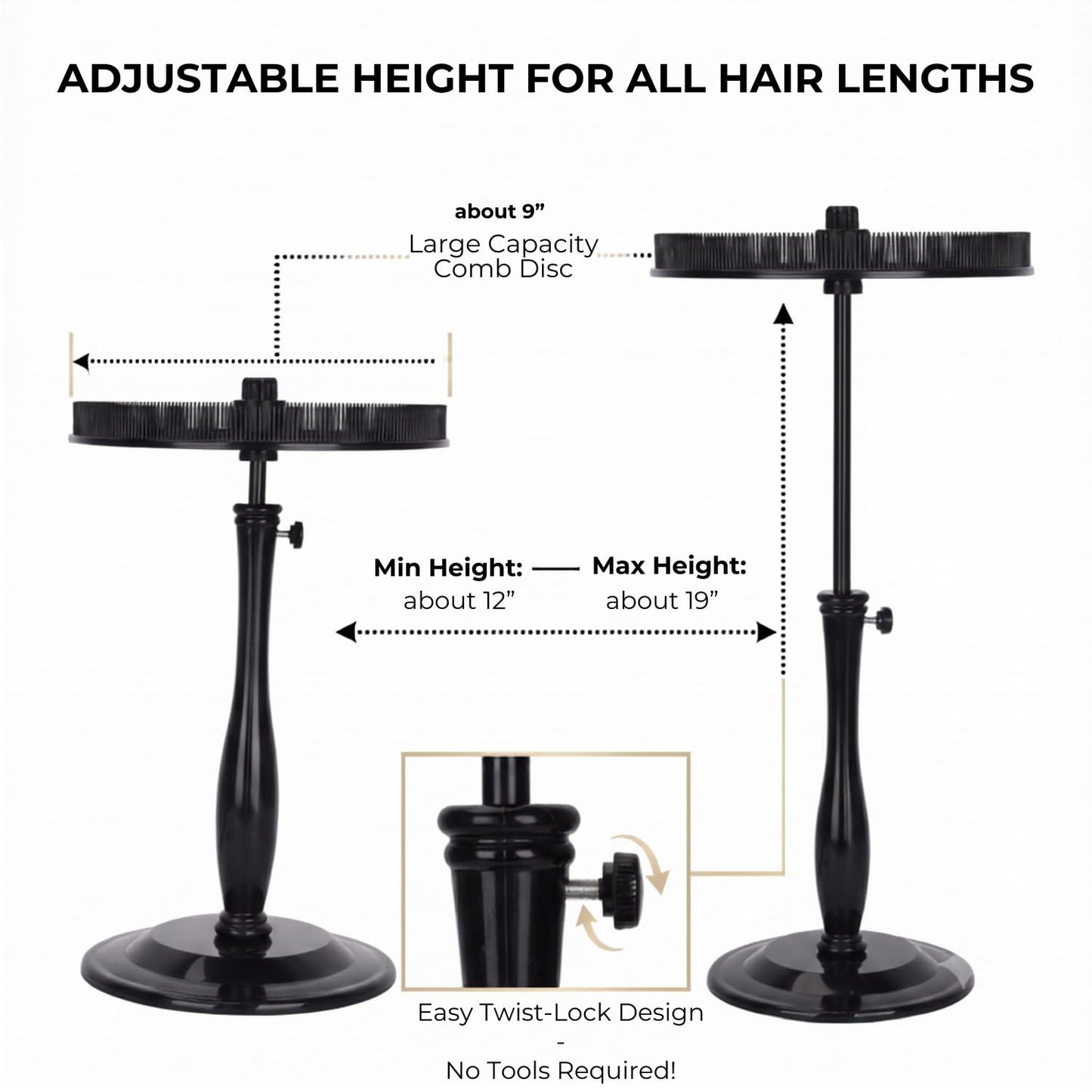 lightmay Adjustable Hair Extension Stand with Comb Disc for Clip-Ins, Black