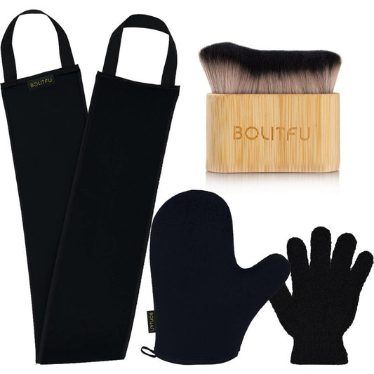 4 Pack Self Tanning Mitt Applicator Kit - 1 Self Tan Mitt, 1 Back Tanning Applicator, 1 Ultra Soft Self Tanner Brush, 1 Exfoliating Glove, for Sunless Streak-Free Fake Tan (Black)