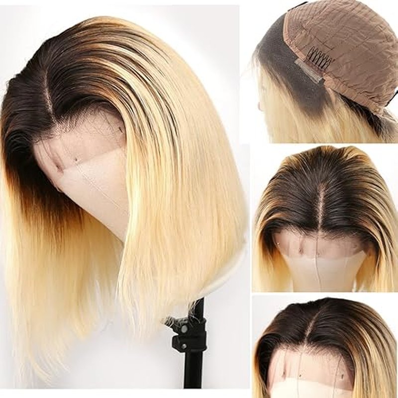 Ombre 613 Blonde Bob Lace Front Wigs Black to Blonde Dark Roots Colored Human Hair Wigs Glueless 13X4 HD Straight Brazilian Virgin Human Hair Wig Lace Wig for Black Women 150% Density (#1B/613)