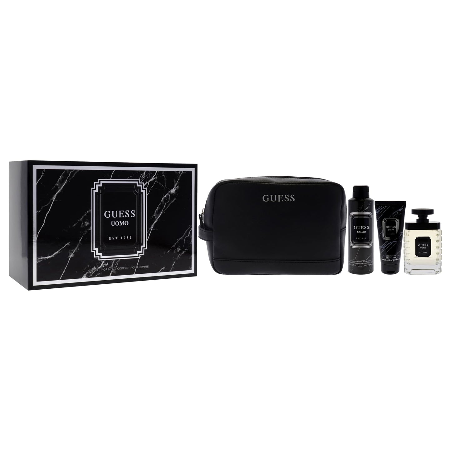 Guess Uomo by Guess for Men - 4 Pc Gift Set 3.4oz EDT Spray, 6oz Deodorizing Body Spray, 3.4oz Shower Gel, Pouch