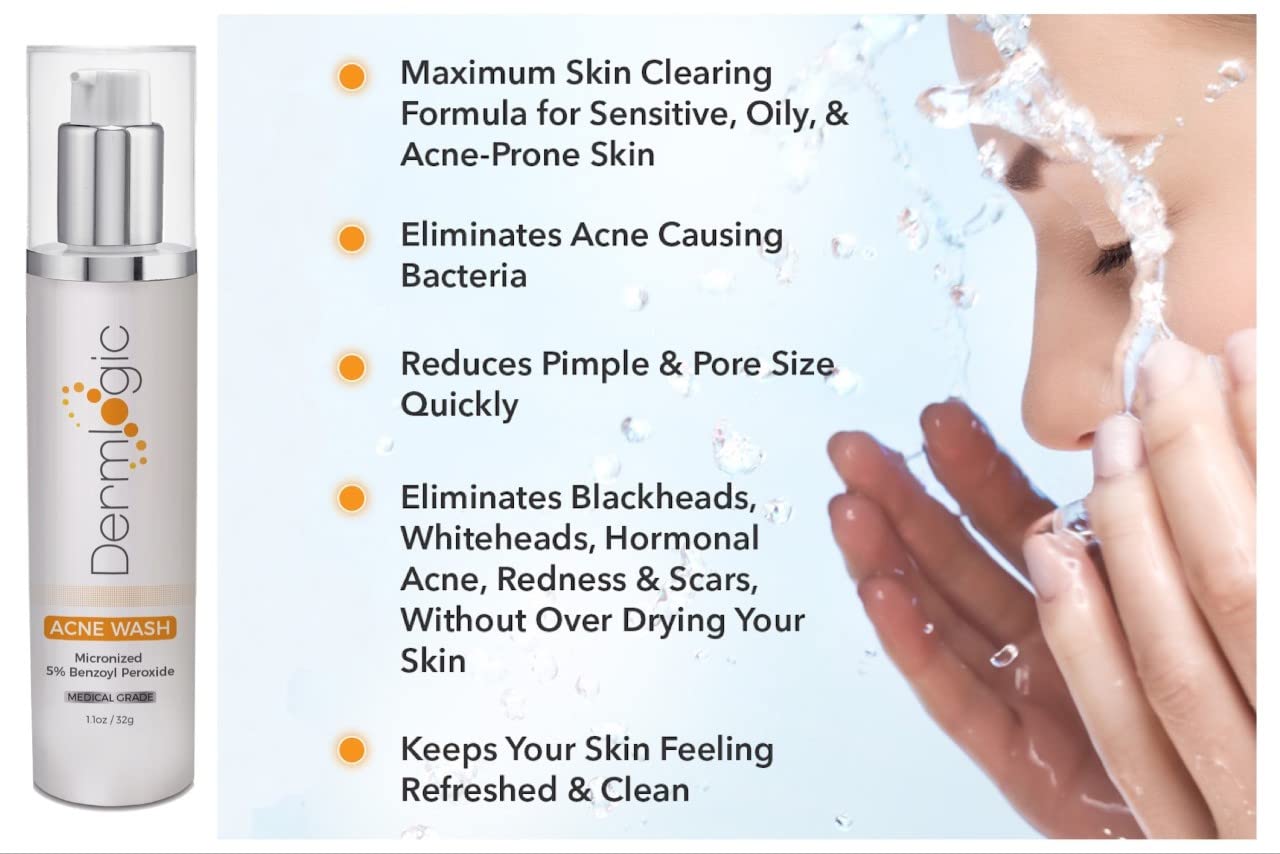 Dermlogic Acne Treatment- 5% Benzoyl Peroxide Face & Body Wash- Penetrates Deep within Pores to Immediately Fight Zits to Clear Skin. Eliminates and Prevents New Pimples from Forming.