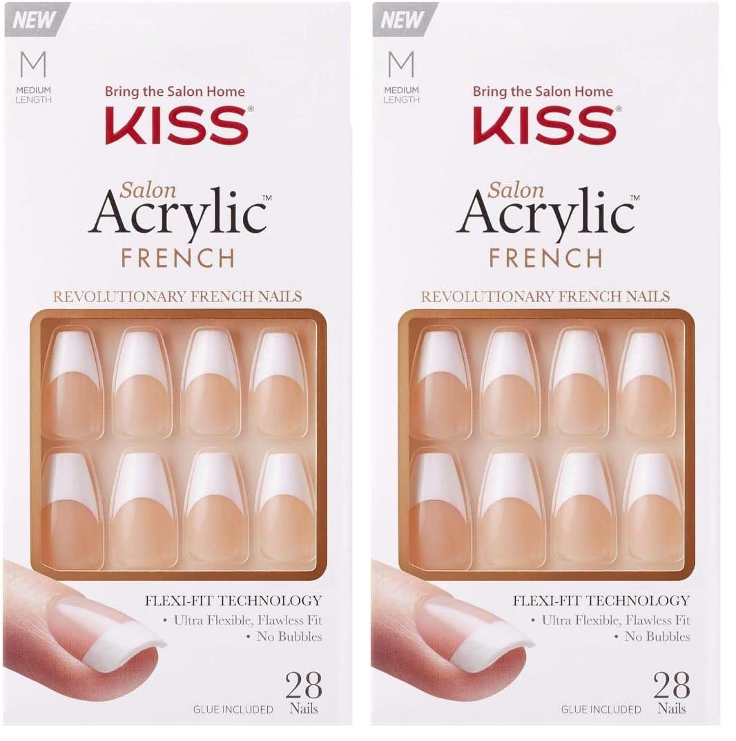 KISS Salon Acrylic French Nail Manicure Set, Medium Length, Square, “Je T'aime”, Nail Kit Includes Pink Gel Nail Glue (Net Wt. 2 g / 0.07oz.), Mini File, Manicure Stick, and 28 Fake Nails