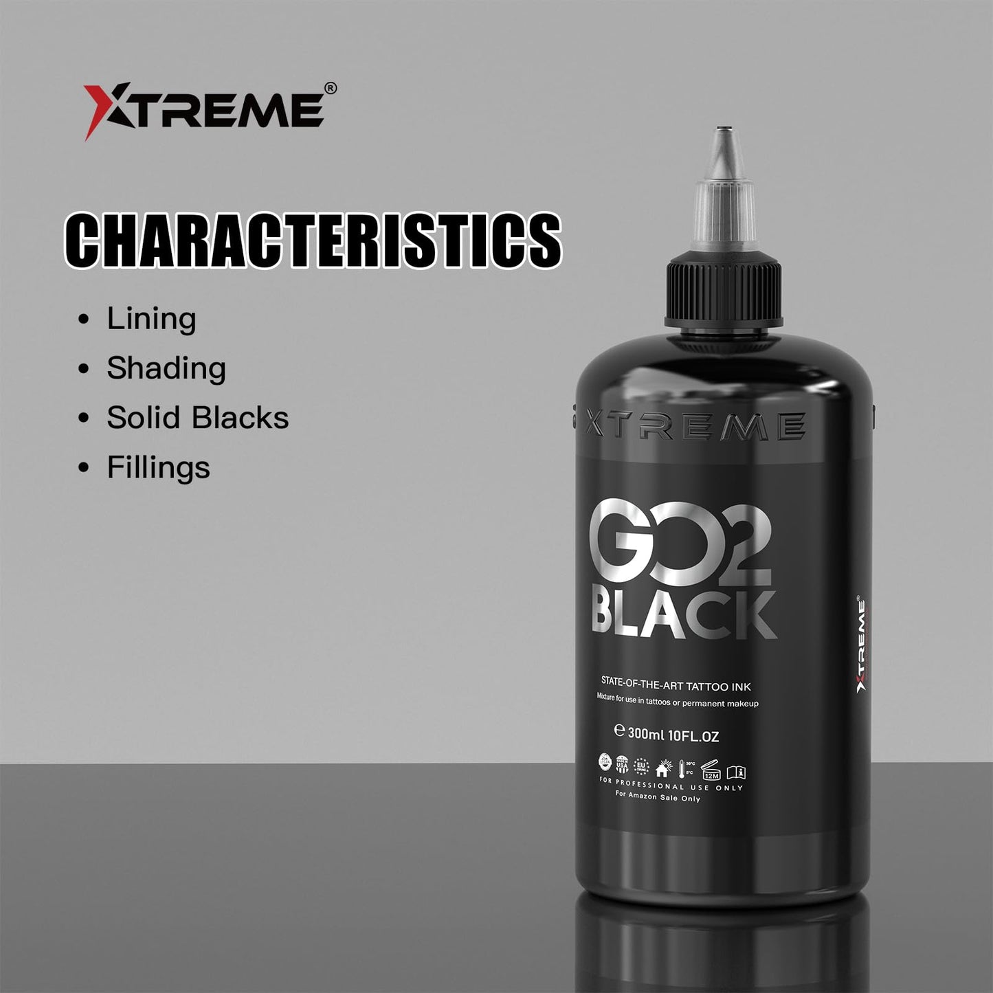 Xtreme GO2 Black Tattoo Ink 10oz – Professional Tattoo Ink for Bold Fillings & Shading, Long-Lasting Vivid Color, Highly Concentrated & Fade-Resistant, Smooth Application, Vegan Tattoo Ink