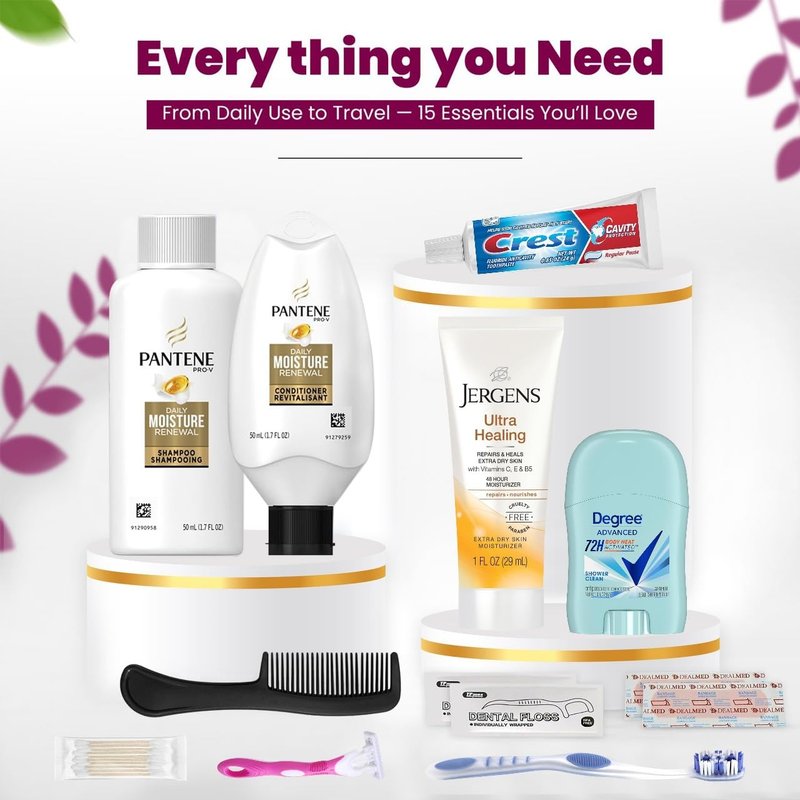 TrekTote Travel Essentials Kit for Women - 15-Piece TSA Compliant Toiletry Set | Includes Shampoo, Conditioner & More