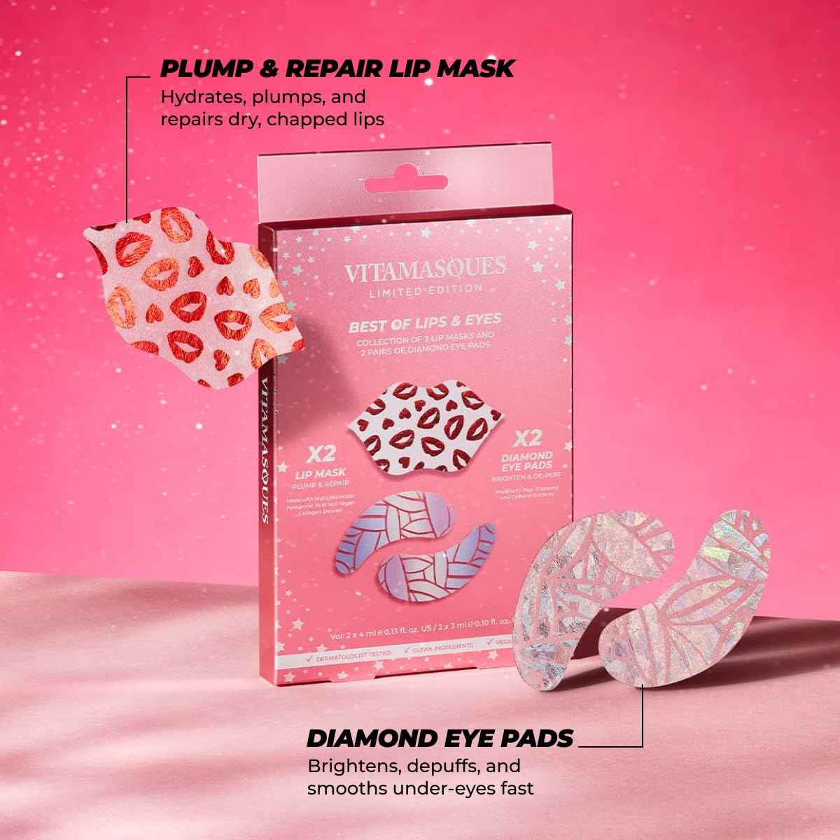 Vitamasques Under Eye Patches & Lip Mask Sheets, Best of Eyes & Lips Set 2 Packs - Eye Patches for Puffy Eyes - Under Eye Masks for Dark Circles and Puffiness - 2 x 4 Packs - 8 Pads