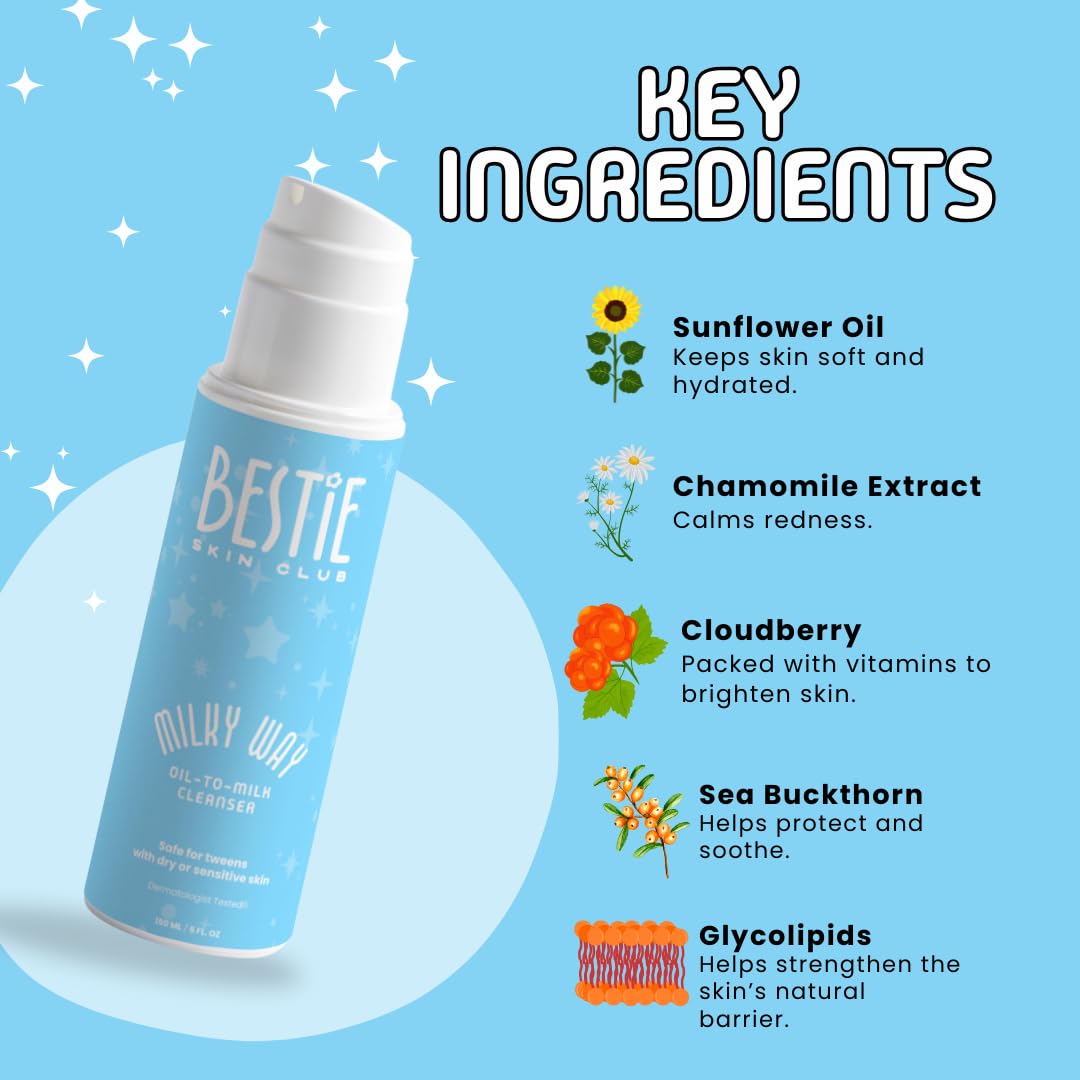 Bestie Skin Club - Milky Way Oil-to-Milk Cleanser, 2-in-1 Facial Makeup Remover, Gentle Hydrating Face Wash