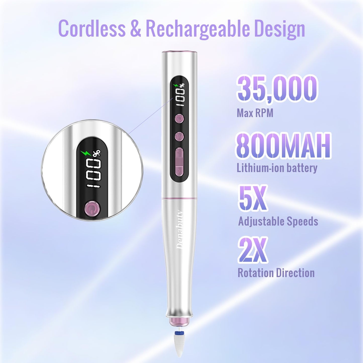 Denabuty Cordless Electric Nail Drill Machine, 13 in 1 Nail File Kit 35000RPM Professional Portable Rechargeable E File for Acrylic Polish Gel Removal Manicure Pedicure Set with 5 Speeds Violet