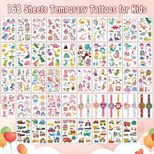 Partywind 168 Sheets (2000 Styles) Kids Temporary Tattoos for Party Supplies, Fake Tattoo Stickers with Dinosaur/Mermaid/Pirate for Boys and Girls, Birthday Games for Back to School Party