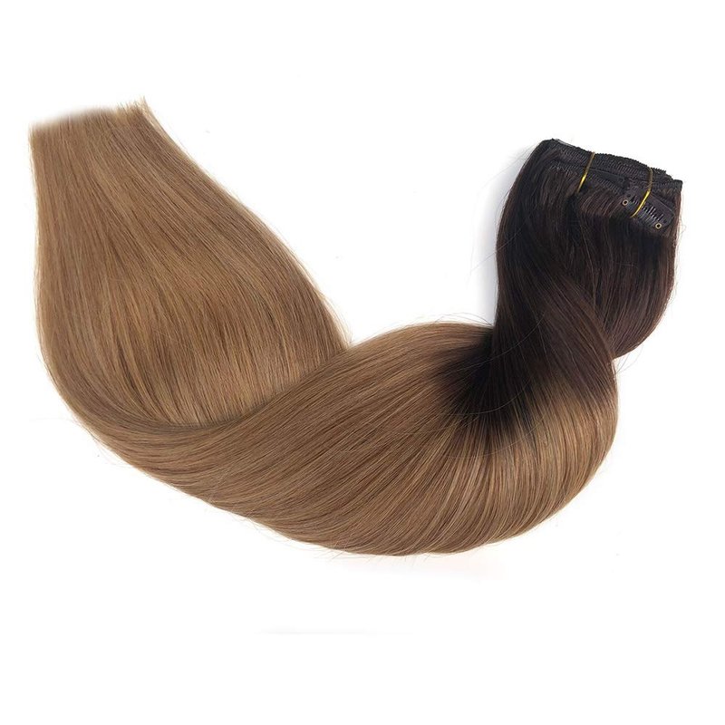 Blonde Clip in Hair Extensions Skin Weft Remy Brazilian Hair Extension 18" 7Pcs 120g Ombre Medium Brown to Strawberry Blonde Highlighted Full Head Straight Soft Thick for Women(#4T27)