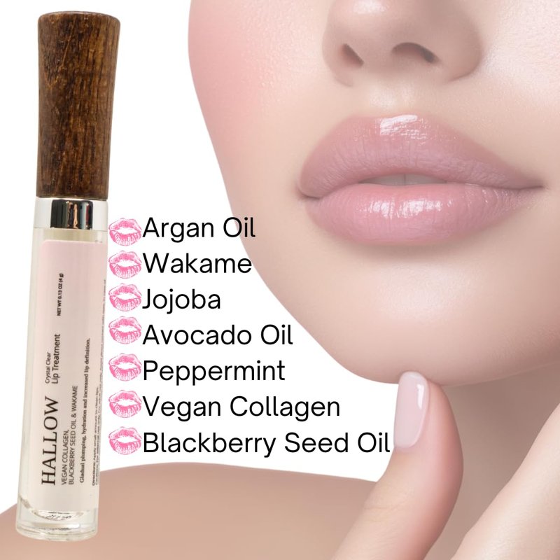Hallow Lip Treatment, Crystal Clear Gentle Volumizing Gloss with Jojoba Oil, Avocado Oil, and Vegan Collagen, 0.13 oz (4g)