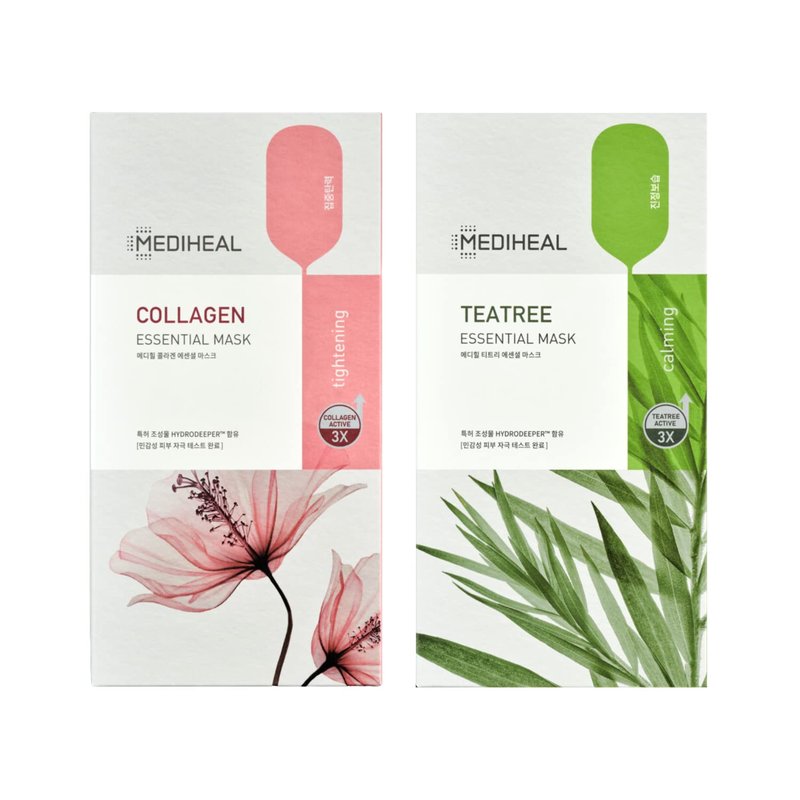 Korean Sheet Mask - Mediheal Collagen & Tea Tree Face Mask | 20 Sheets for Lifting, Firming, Soothing All Skin Types
