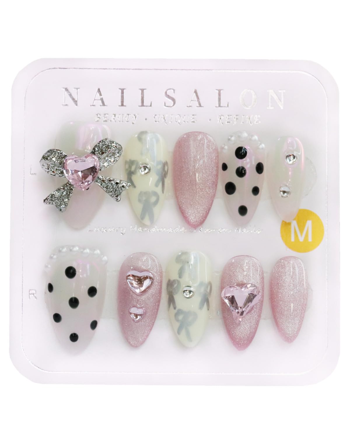 CAMILCY Handmade Nails Press on Long pointed tip Pink Hand Painted Reusable Gel UV Finished Pre Shaped False Nails for Women 10pcs 3D Glitzadora Handmade Nails (A087, L)