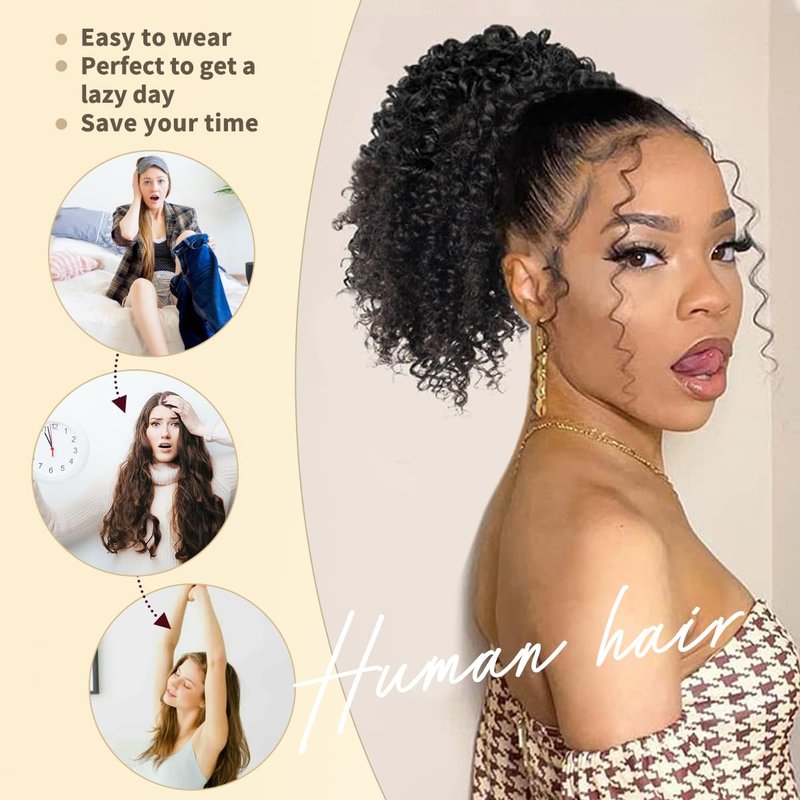 Drawstring Ponytail Human Hair - 4C Kinky Curly Extension for Black Women | 8 Inch Natural Volume & Length