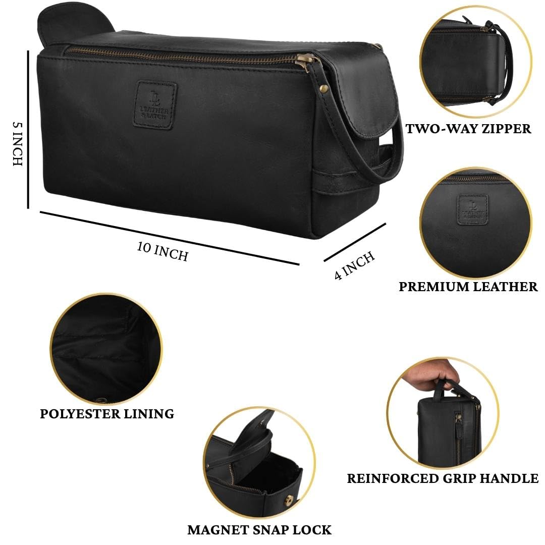 Full Grain Leather Toiletry Kit for Men & Women – Travel Toiletries & Shaving Bag Organizer, Water-Resistant Grooming Case for Bathroom, Makeup & Cosmetic Storage - Midnight Black