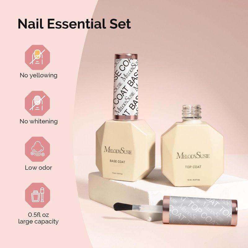 MelodySusie Top Coat Base Coat No Wipe Glossy Set Long Lasting Shine Finish Soak Off UV LED Nail Lamp Nail Polish Art Design Manicure Kit Perfect Gifts for Women Girls 2 Pcs 15ml Clear