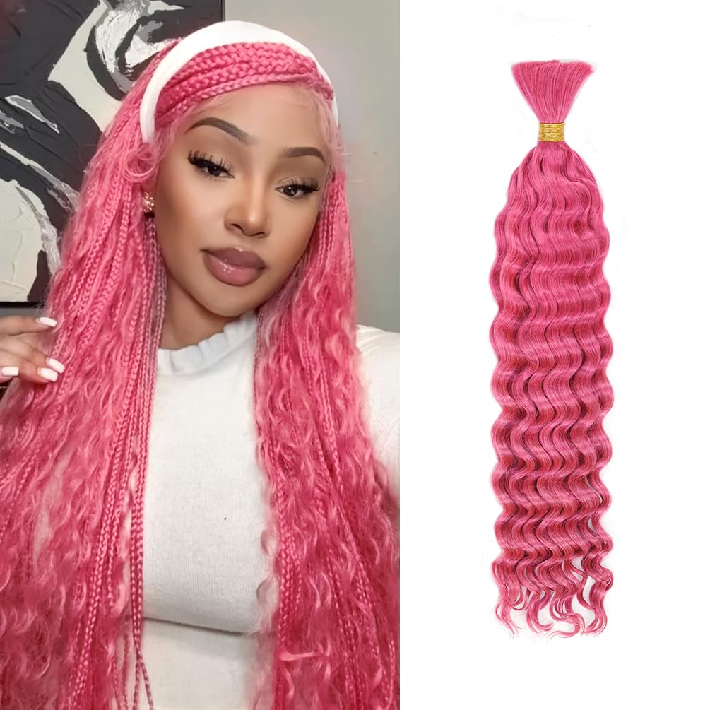 14 Inch Deep Wave Human Braiding Hair for Boho Braids – 50g 1 Bundles/Pack Pink 100% Unprocessed 12A Brazilian Virgin Human Hair Bulk, No Weft, Wet & Wavy Curly Extensions