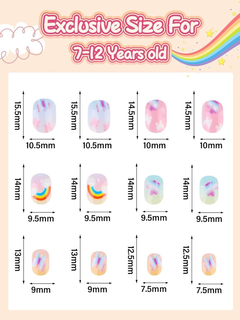 Press On Nails for Girls - 168-Piece Rainbow Butterfly Set | Short Full Cover Fake Nails with Glue for Kids Ages 6-12