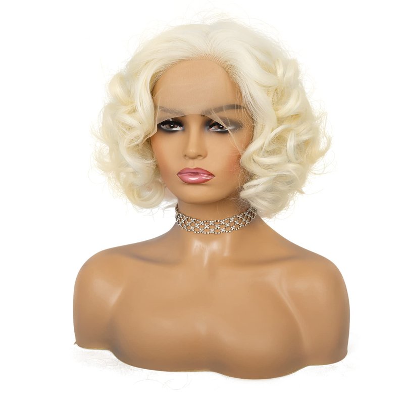 Amnenl Short Blonde 1920s Lace Front Wig Curly Bob Synthetic Hair Natural Hairline Platinum Blonde 40s 50s Wigs for Women