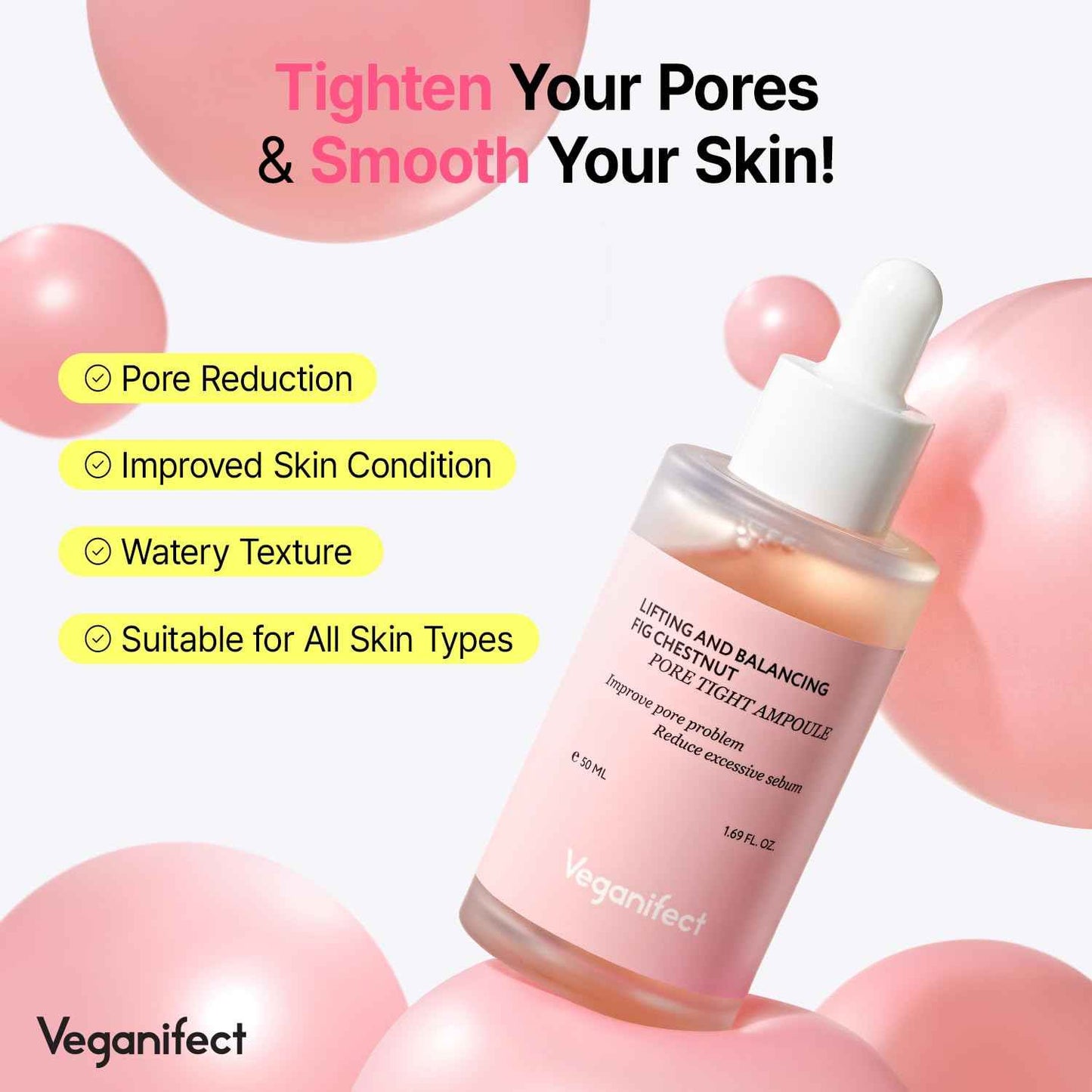 VEGANIFECT Pore Refining Ampoule, Pore Tightening, Reduce Sebum, Korean Skin Care, Vegan, 1.69 Fl Oz