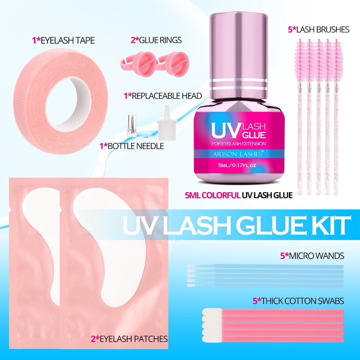 Professional UV Lash Glue Kit -Fast Drying Waterproof Strong Hold for Lasting Eyelash Extensions(5Ml-Blue)