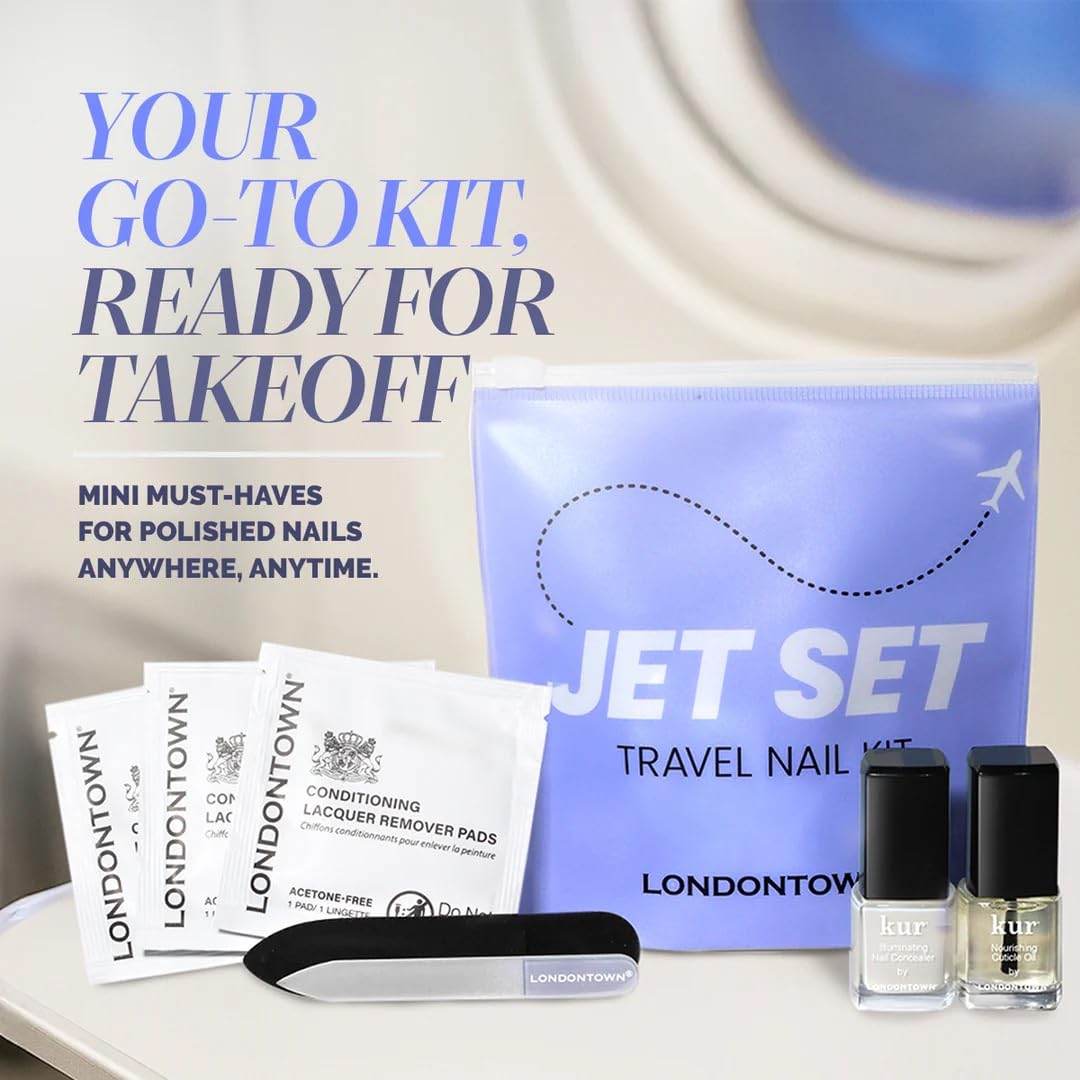 LONDONTOWN Jet Set Travel Nail Kit – Mini Nail Concealer, Cuticle Oil, Remover Pads & Glass File for Healthy, Polished Nails On the Go, No Base or Top Coat Needed