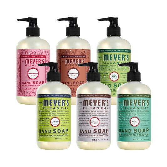 Mrs. Meyer’s Clean Day Liquid Hand Soap 6 Pack Variety, Gingerbread, Iowa Pine, Peppermint, Lavender, Lemon Verbena, Basil, 12.5 OZ Each, 1 CT