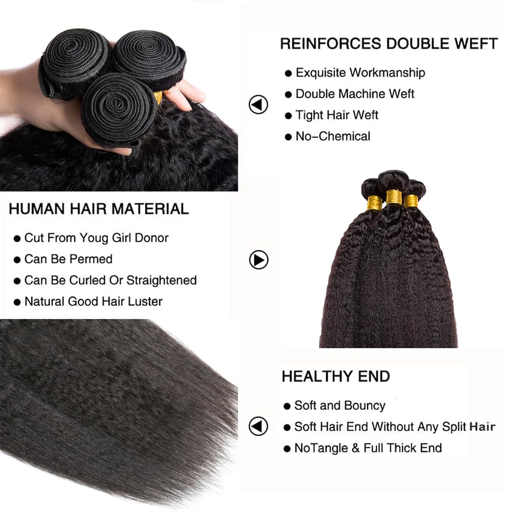Kinky Straight Bundles Human Hair Yaki Human Hair Bundles 14 16 18 Inch Unprocessed Brazilian Virgin Remy Hair Extensions Yaki Straight Bundle Hair Weave Calneshia Bundle