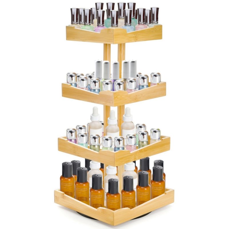 ZAVOOS Nail Polish Organizer, 4 Tier Bamboo Stand Essential Oil Display Rack for 120-212 Bottles, 360 Rotating Large Capacity Cosmetics Storage Shelf Holder for Home Spa, Business Salon