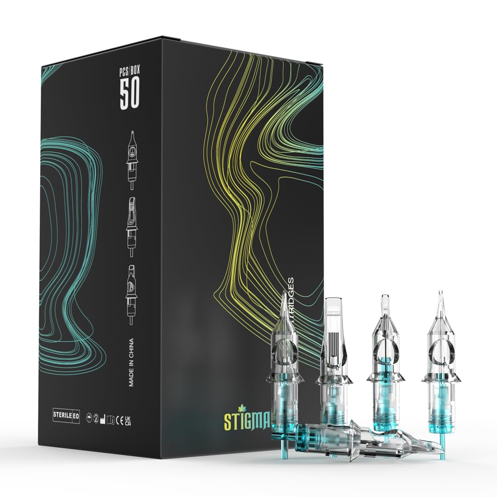 STIGMA Aquamarine Knight Tattoo Cartridge Needles #12(9RM) 50Pcs 0.35mm Standard Disposable Tattoo Needles Cartridges with Membrane Curved/Round Magnum EN02B-50-OF1209RM