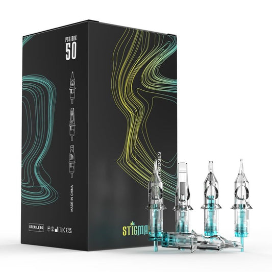 STIGMA Aquamarine Knight Tattoo Cartridge Needles #12(9RM) 50Pcs 0.35mm Standard Disposable Tattoo Needles Cartridges with Membrane Curved/Round Magnum EN02B-50-OF1209RM