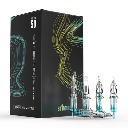 STIGMA Aquamarine Knight Tattoo Cartridge Needles #12(15RM) 50Pcs 0.35mm Standard Disposable Tattoo Needles Cartridges with Membrane Curved/Round Magnum EN02B-50-OF1215RM