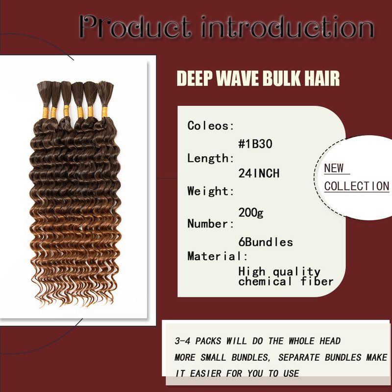 Deep Wave Bulk hair for Braid No Weft Deep Wave Bulk hair for Braiding Micro Faux Braiding Hair for Boho Braids Wet and Wave 24Inch,#1B30 6Bundles