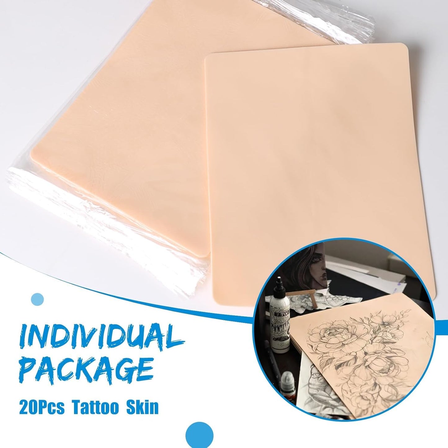 Tattoo Practice Skin - Combofix 20Pcs Double Sided Blank Tattoo Skin Fake Skin, 7.4x5.6in Soft Practice Skins Fake Eyebrow for Beginners and Experienced Artists (Soft Silicone)