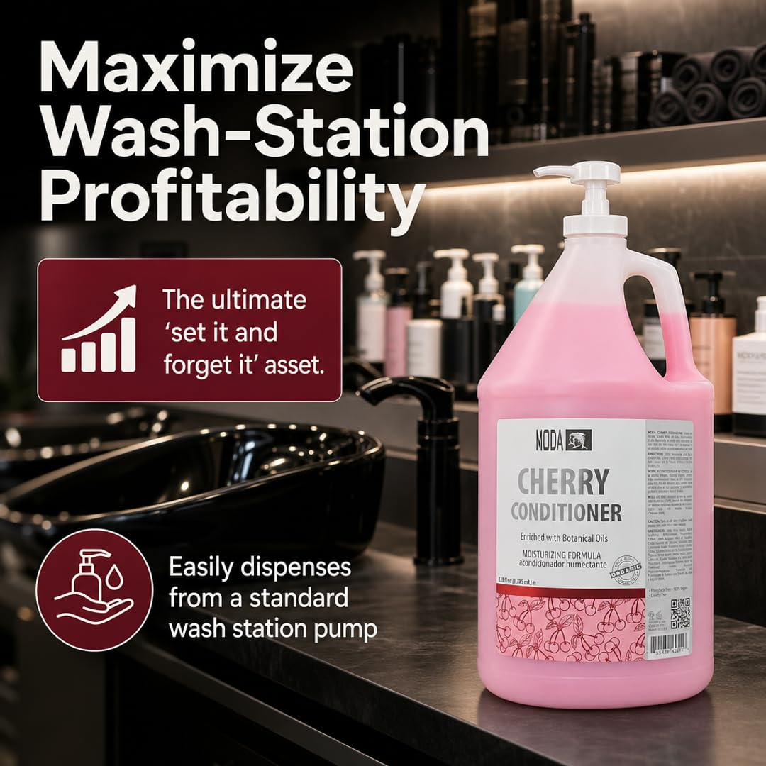 MODA Cherry Bulk Salon Conditioner Premium Back-Bar & Amenity Treatment Salon-Grade Luxury at Commercial Scale A 'set it and forget it' 1-Gallon single-SKU solution Repairs the cuticle 128 Oz