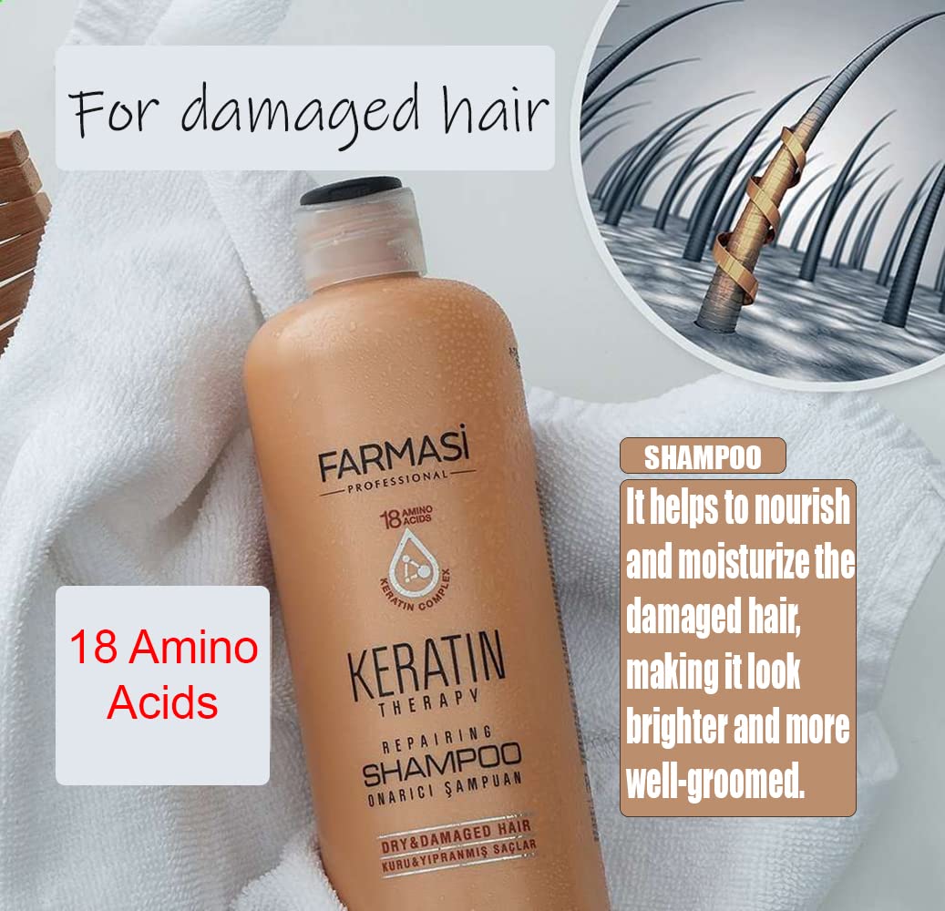 FARMASi Keratin Therapy Repairing Shampoo, Deep Cleansing & Nourishing Care for Dry Damaged Hair, Restores Softness Smoothness & Shine, 12.2 fl oz